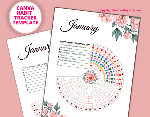 Pink Circular Habit Tracker Canva Template With Commercial License